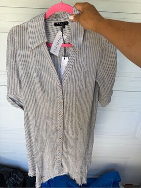 Mavi Striped Button-Front Linen Tunic — Beige & Navy size small nwt